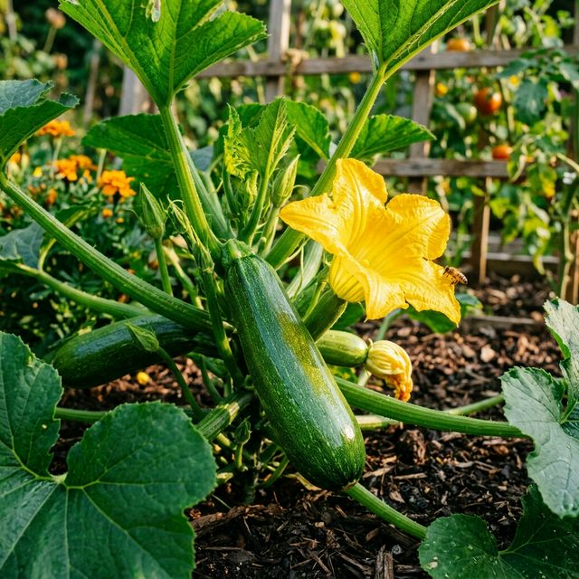 Zucchini growing in a home garden
